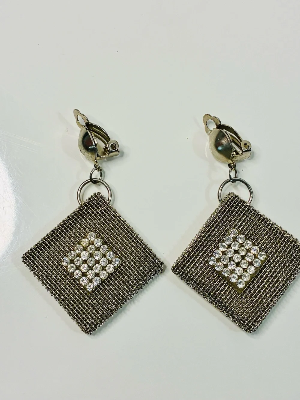 Art Deco Inspired Silver-Tone Mesh Diamond Drop Clip Earrings w/Crystal Cluster